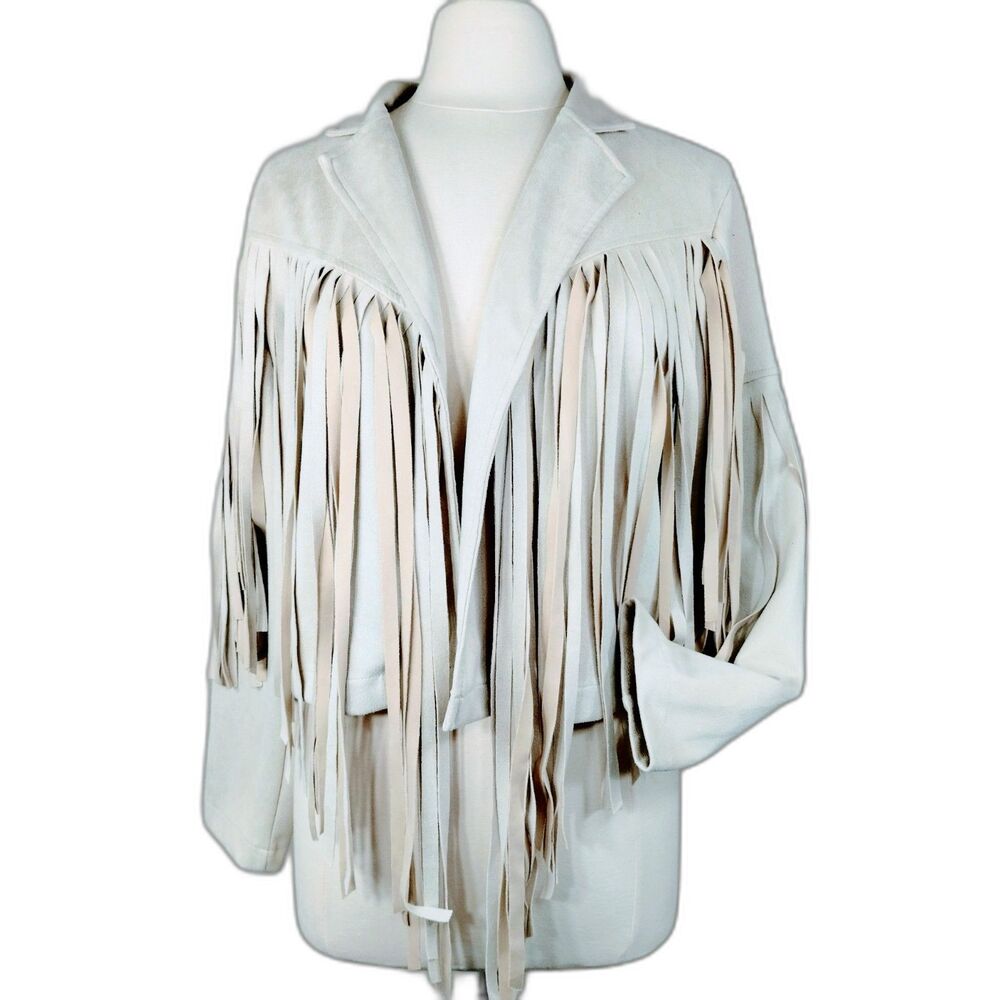 Womens Fringe Jacket Faux Suede Crop Cream Neutral Sz M